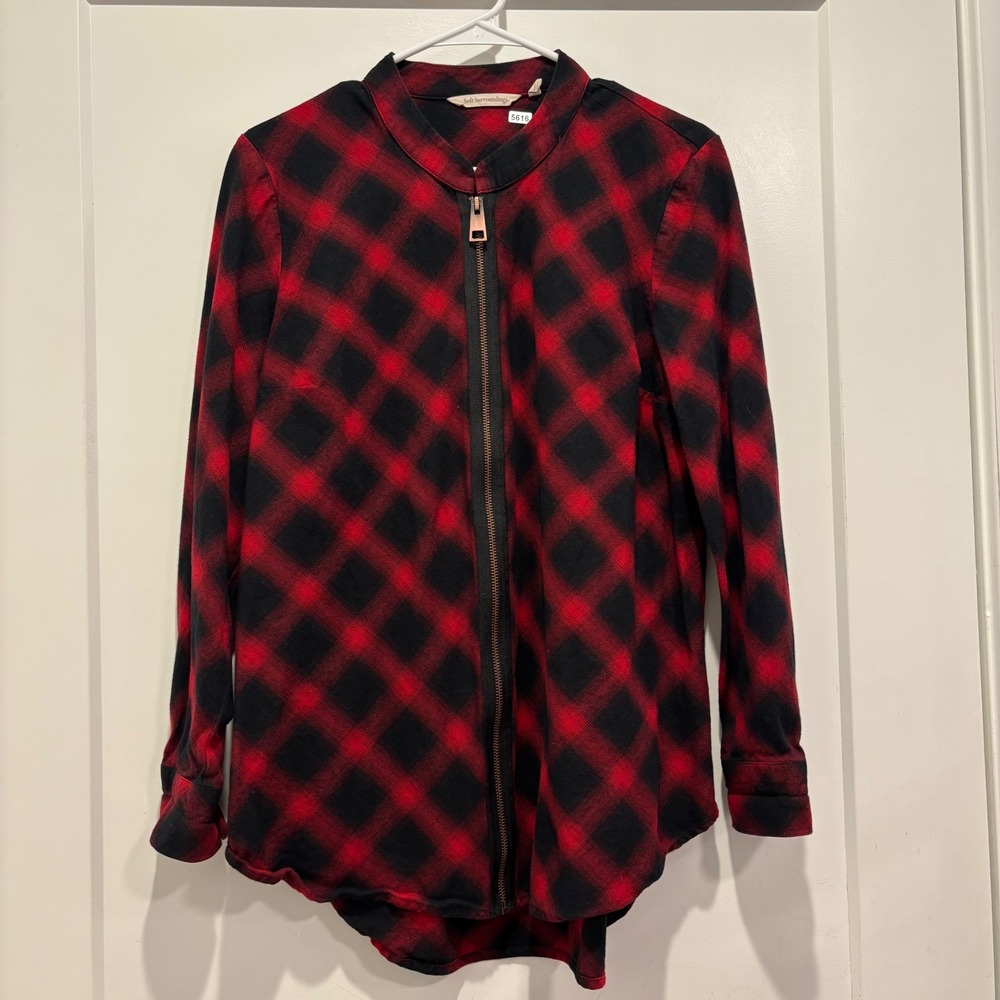 Soft Surroundings Red Black Buffalo Plaid Full Zip Top Women Medium Long Sleeve
